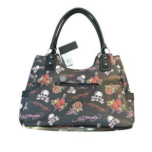 Ed Hardy Women’s Black Tattoo Skull Shoulder Large Tote NEW Grunge Hearts
